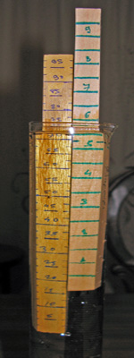 Μέτρηση του ειδικού βάρους του ξύλου με βύθισμα σε ογκομετρικό σωλήνα. Το ξύλο αριστερά είναι μουριά (ειδικό βάρος 0,72) και δεξιά φλαμούρι (ειδικό βάρος 0,55).